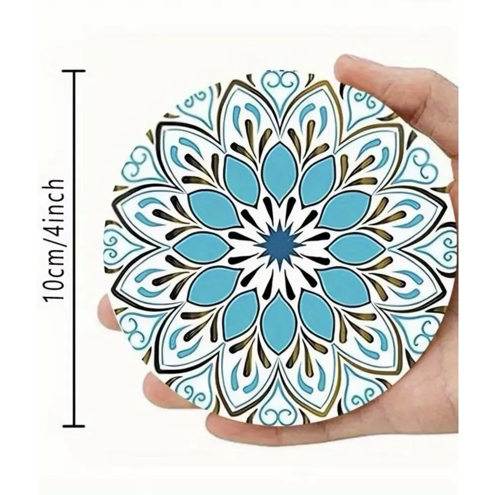 Six Piece Mandala Acrylic Teal Design Coaster Set 4 Inch New